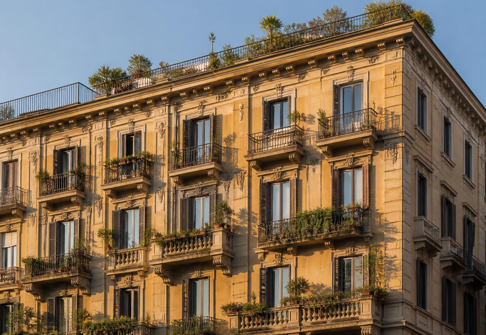 Warm-toned residential building with balconies at golden hour